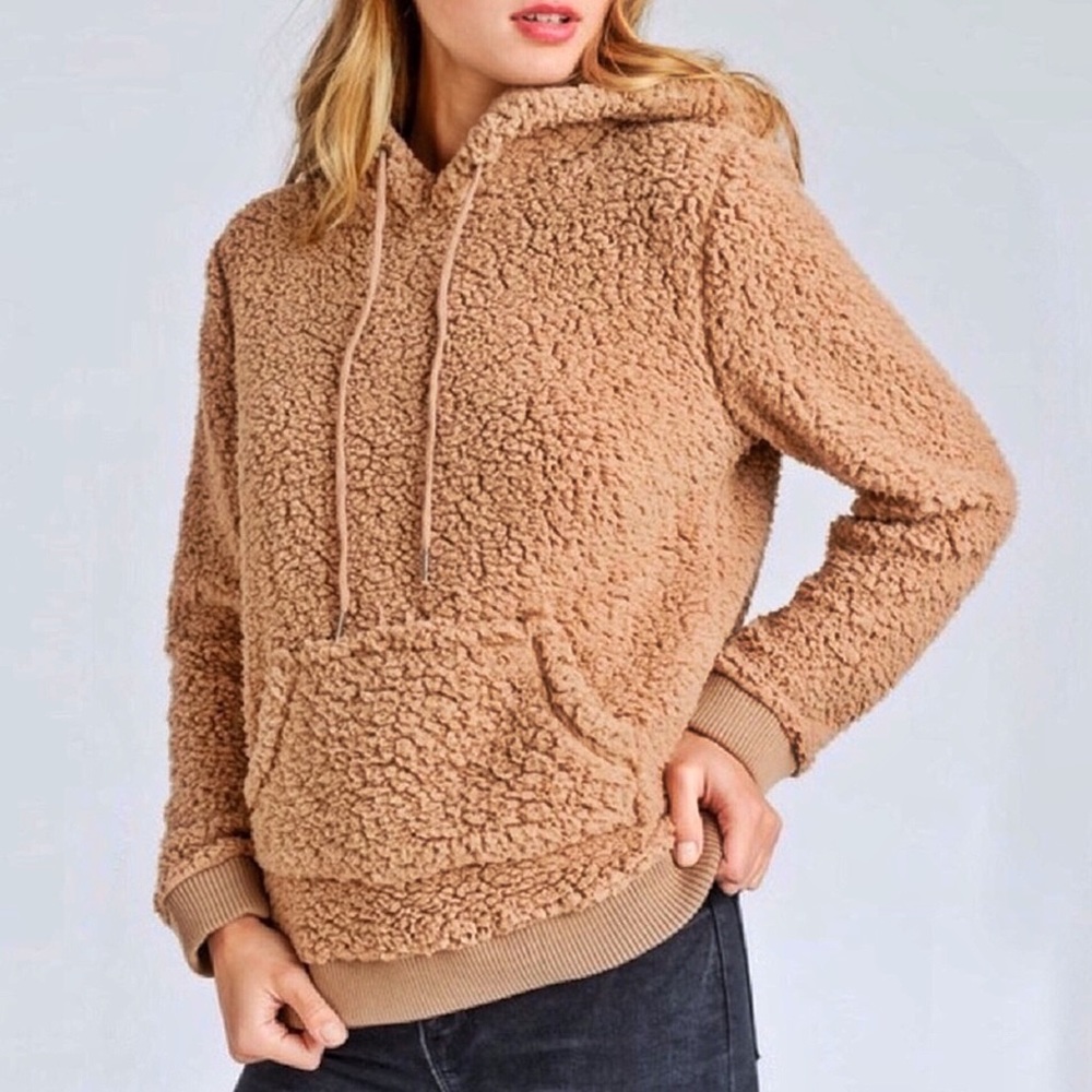 Camel Teddy Hoodie, Sherpa Cozy Knit Sweater - Picture 9 of 9